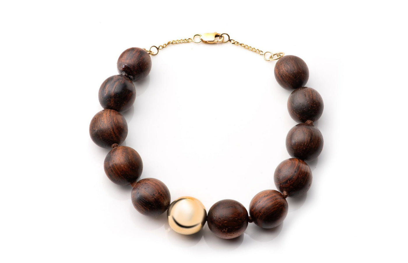 Pulseira Esferas em Madeira Jacarandá e Ouro 18k